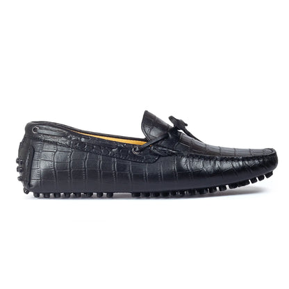Gommino Textured Leather Bow Loafers (Black)