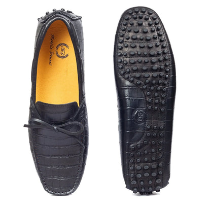 Gommino Textured Leather Bow Loafers (Black)