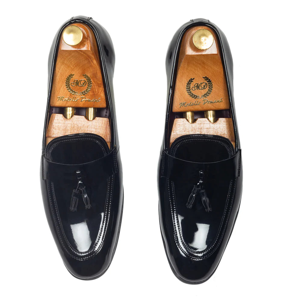 Italian Cut Tassel Penny Slipons (Patent Black)