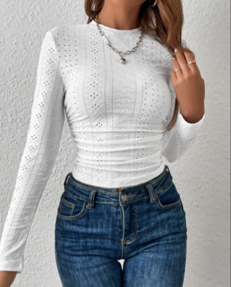 White Schiffli Mock Neck Fitted Top