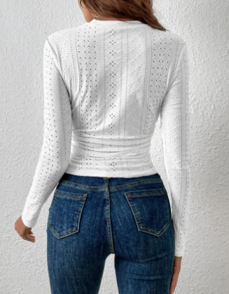 White Schiffli Mock Neck Fitted Top