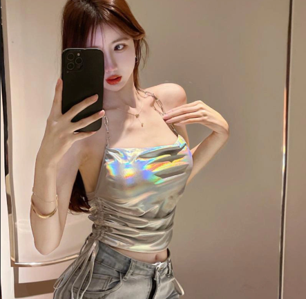 Silver Metallic Ruched Halter Top