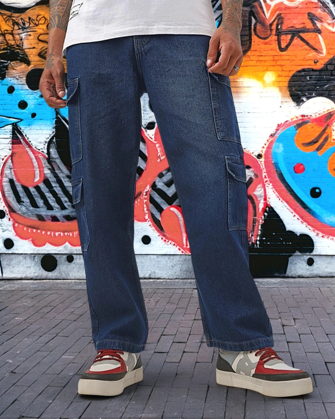 Men's Indigo Blue Baggy Fit Washed Cargo Mid-Rise Jeans