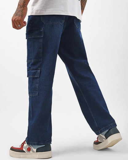 Men's Indigo Blue Baggy Fit Washed Cargo Mid-Rise Jeans