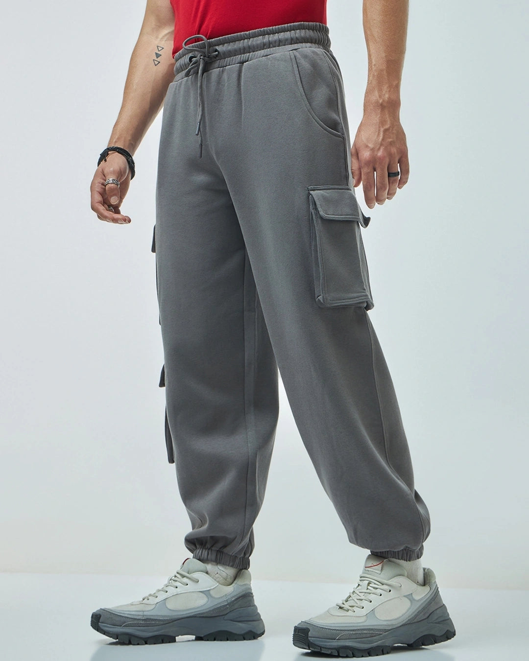 Men's Grey Super Loose Fit Brushed Cargo Joggers
