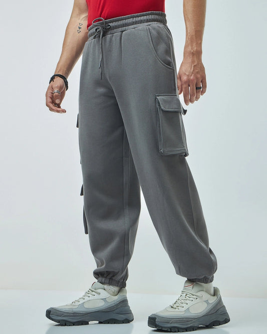 Men's Grey Super Loose Fit Brushed Cargo Joggers