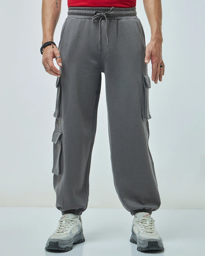 Men's Grey Super Loose Fit Brushed Cargo Joggers