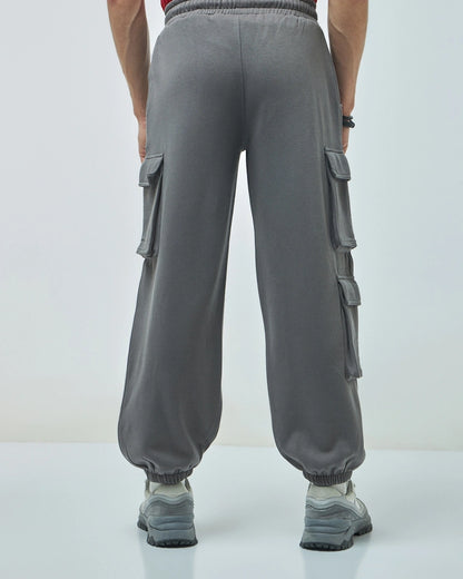 Men's Grey Super Loose Fit Brushed Cargo Joggers