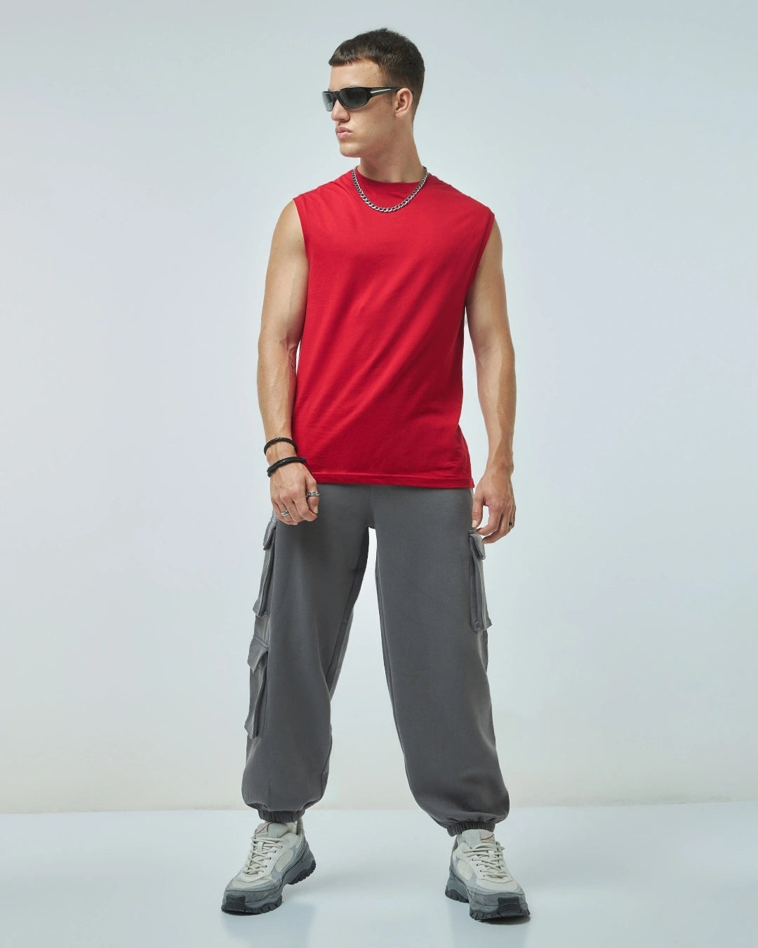 Men's Grey Super Loose Fit Brushed Cargo Joggers