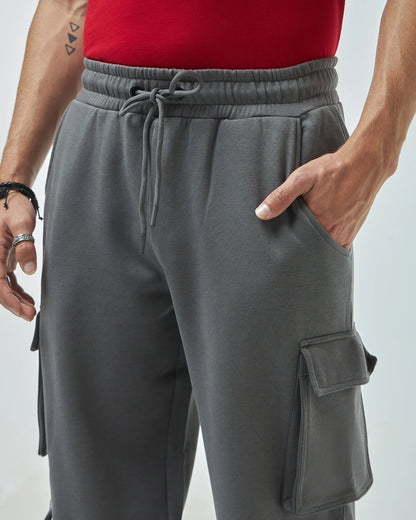 Men's Grey Super Loose Fit Brushed Cargo Joggers
