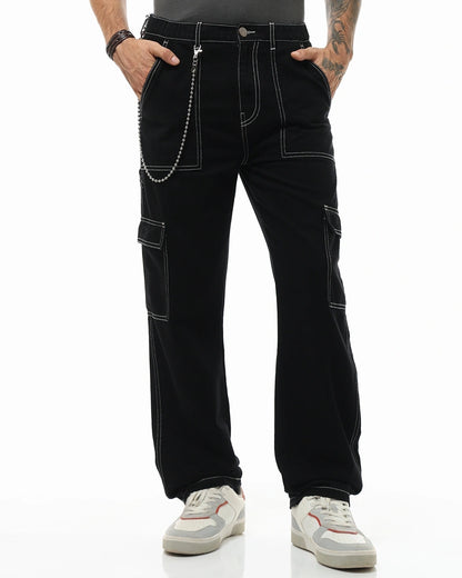 Men's Black Baggy Fit Cargo Mid-Rise Jeans