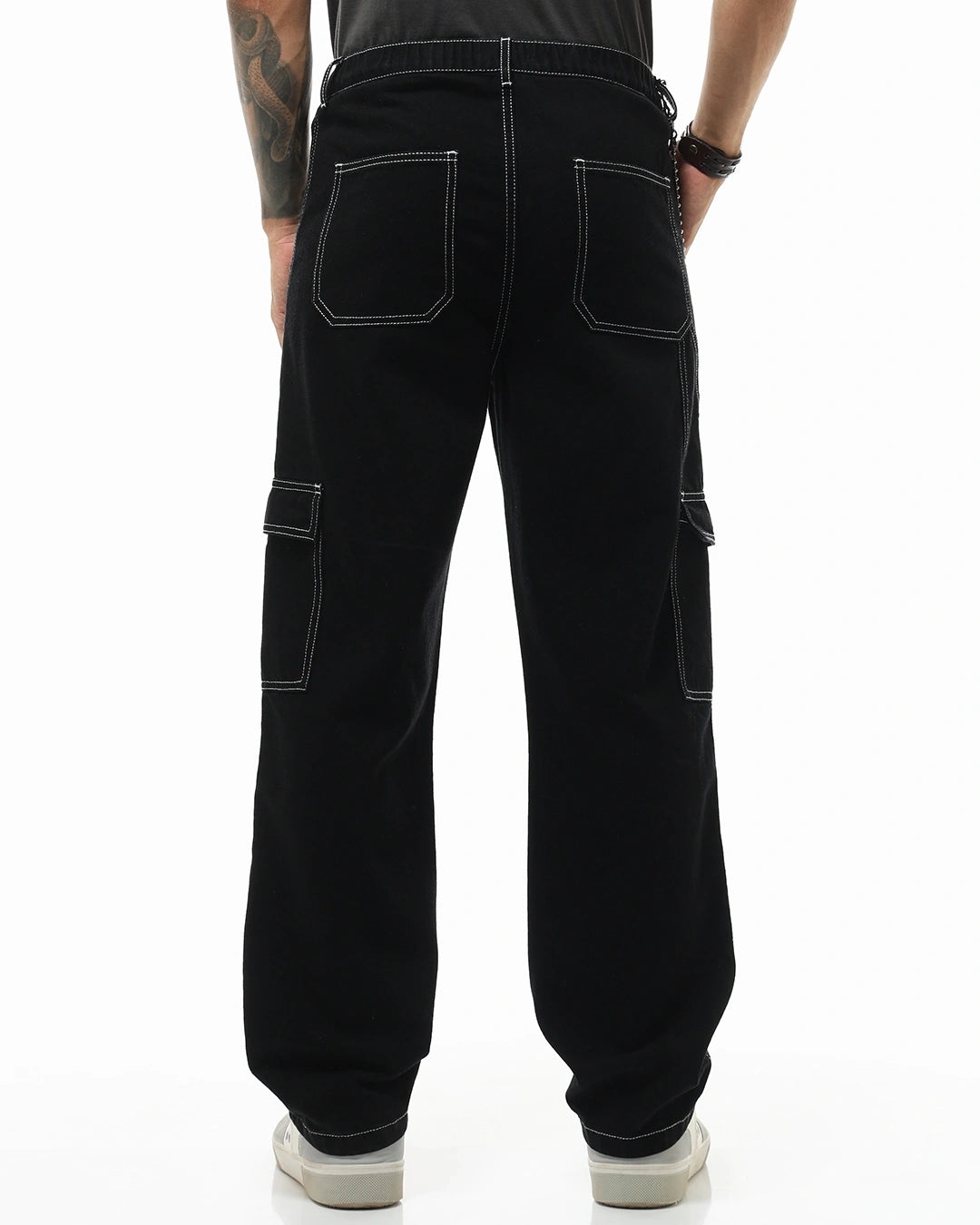 Men's Black Baggy Fit Cargo Mid-Rise Jeans