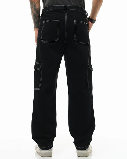 Men's Black Baggy Fit Cargo Mid-Rise Jeans